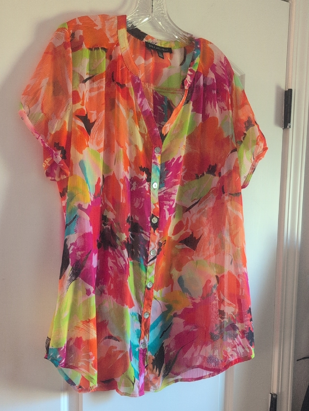 Sara Michelle Neon Floral Button-Front Blouse - Orange Pink Green